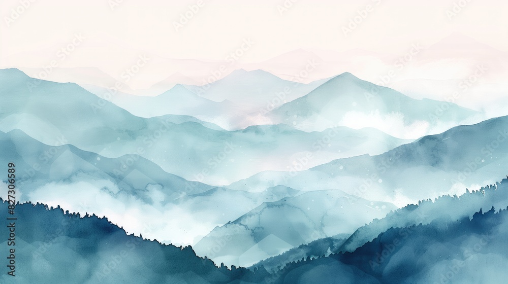 Tranquil Mountain Scene at Dawn in Watercolor Tranquil Mountain Scene at Dawn in Watercolor