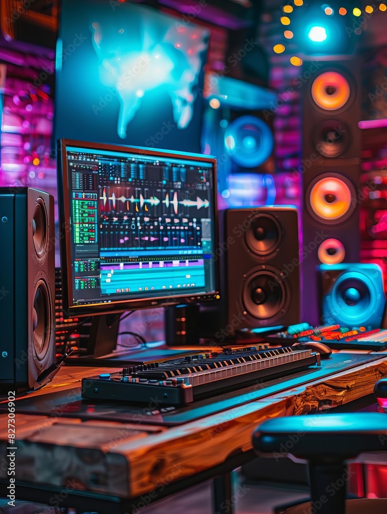 A modern music production studio with a large computer monitor, speakers, and a keyboard. The room is dark and lit up by colorful lights. A modern music production studio with a large computer monitor, speakers, and a keyboard. The room is dark and lit up by colorful lights.