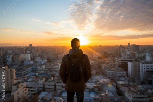man looking out over cityscape at dawn