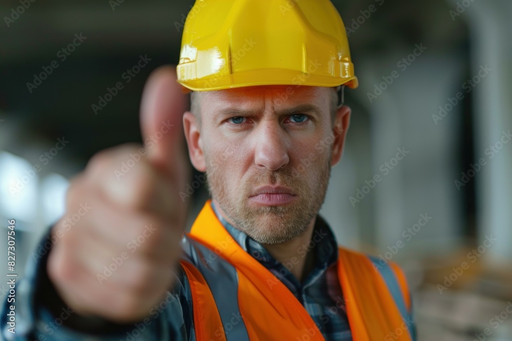 Closeup of a focused construction worker in safety gear giving a thumbsup