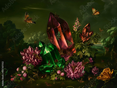 Surreal art fantasy scene secret mysterious garden of flowers and plants, peonies, tulips, roses, orchids, fruits, mushrooms. Baroque, renaissance style, rich colors, dramatic lighting, oil painting