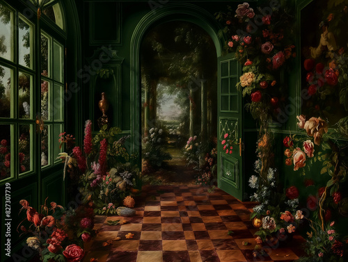 Surreal art fantasy scene secret mysterious garden of flowers and plants, peonies, tulips, roses, orchids, fruits, mushrooms. Baroque, renaissance style, rich colors, dramatic lighting, oil painting