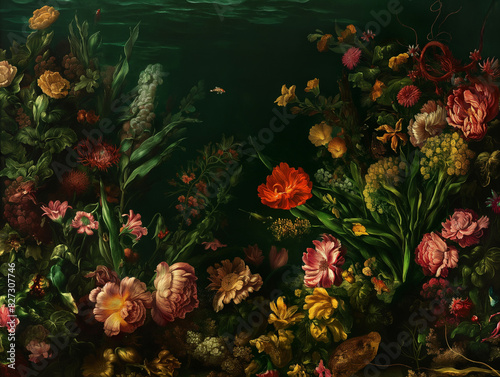 Surreal art fantasy scene secret mysterious garden of flowers and plants, peonies, tulips, roses, orchids, fruits, mushrooms. Baroque, renaissance style, rich colors, dramatic lighting, oil painting