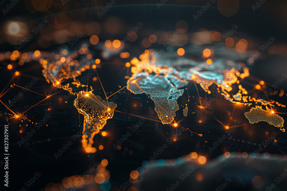 The glowing lines and dots on the illuminated world map in the photo ...