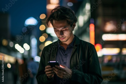 man using smartphone in city at night, tokyo
