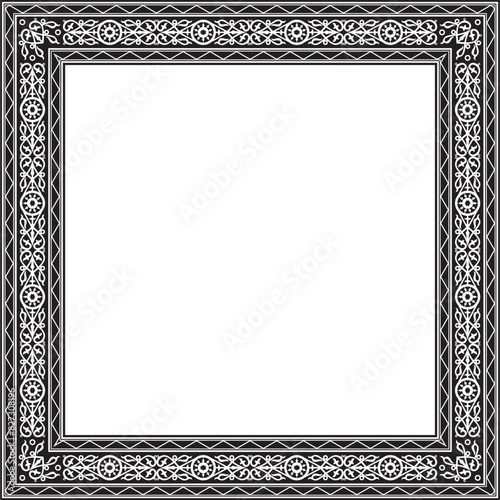 Vector monochrome black square Yakut ornament. An endless rectangular border, a frame of the northern peoples of the Far East.