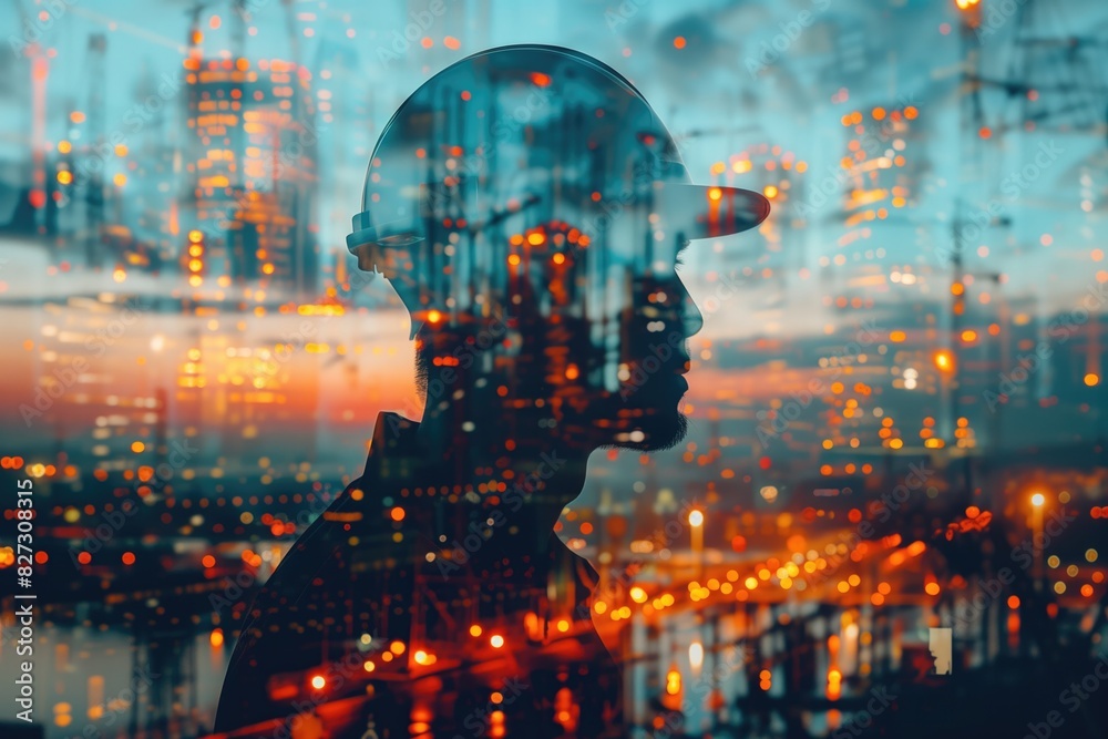 Fototapeta premium Engineer Working at Evening Construction Site, Double Exposure 