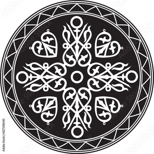 Vector round monochrome Yakut national ornament. Ethnic circle pattern of the peoples of the Far North, Siberia, taiga and tundra