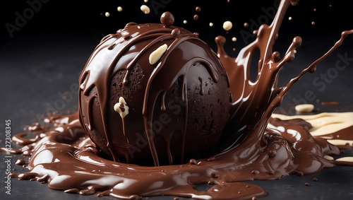 World chocolate day, A decadent chocolate truffle splashes into a pool of melted chocolate, sending droplets and smaller chocolate balls into the air