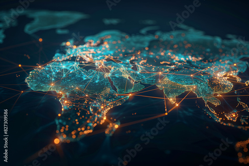 In the photo, a world map illuminated by glowing lines and dots reveals the digital connections spanning across various regions, highlighting the global nature of today's digital l