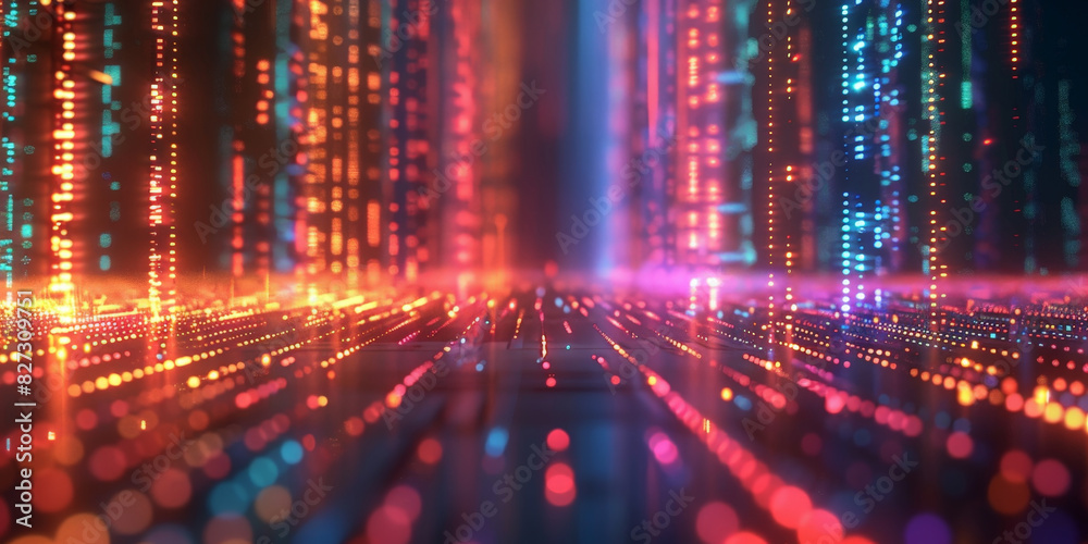A digital animation of an array of glowing data lines, fast network  connection.Colorful vertical light patterns in a digital cityscape with vibrant neon hues creating a futuristic and dynamic atmosph