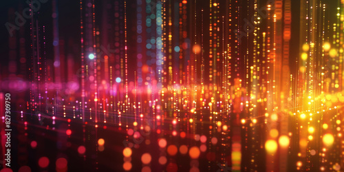 A digital animation of an array of glowing data lines, fast network connection.Colorful vertical light patterns in a digital cityscape with vibrant neon hues creating a futuristic and dynamic atmosph