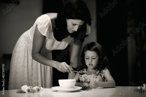 mother trying to make daughter (4-5) finish food at table, (b&w)
