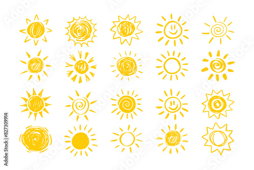 Set of yellow suns in Flat design isolated white background. funny icons sun doodle. Modern simple flat sunlight sign. 