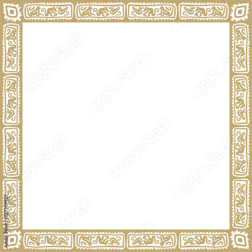 Vector gold native american folk ornament. Square border, frame of the peoples of America, Aztec, Incas, Maya