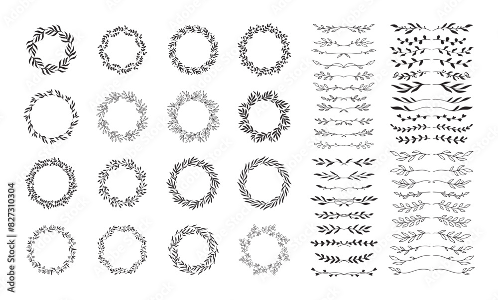 Hand drawn spring wreaths floral elements isolated white background set. Silhouette circle leaves, branches Doodle style. Hand drawn spring wreaths floral elements isolated white background set. Silhouette circle leaves, branches Doodle style.