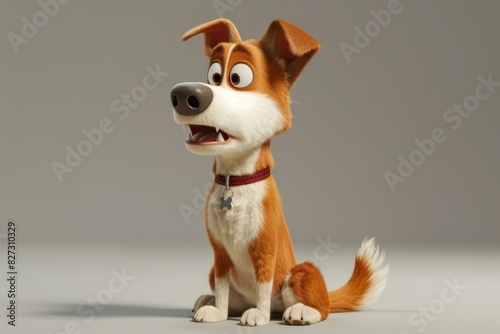 Cute animated dog with a red collar sits against a neutral background, happily smiling