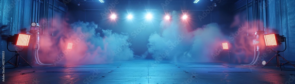 Naklejka premium A dark and foggy room with blue and red spotlights