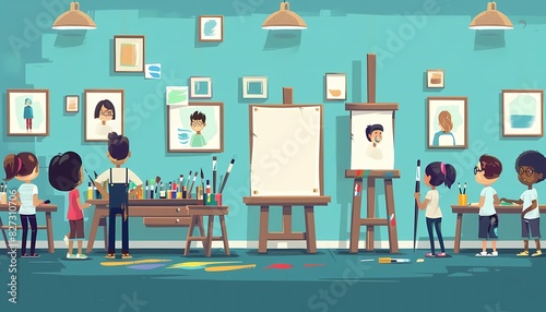 Picture a flat design of an art class with students painting and drawing