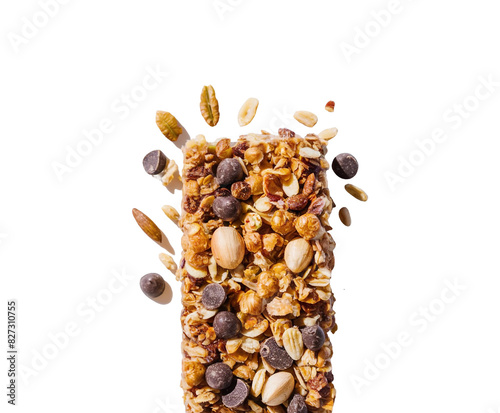 Healthy granola cereal bars with oats, nuts, and chocolate of stacked almond granola bars with loose almonds on transparent background Ai generative.