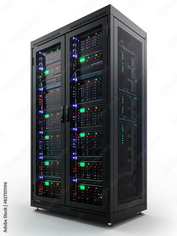 A black server rack with blue and green lights. A black server rack with blue and green lights.