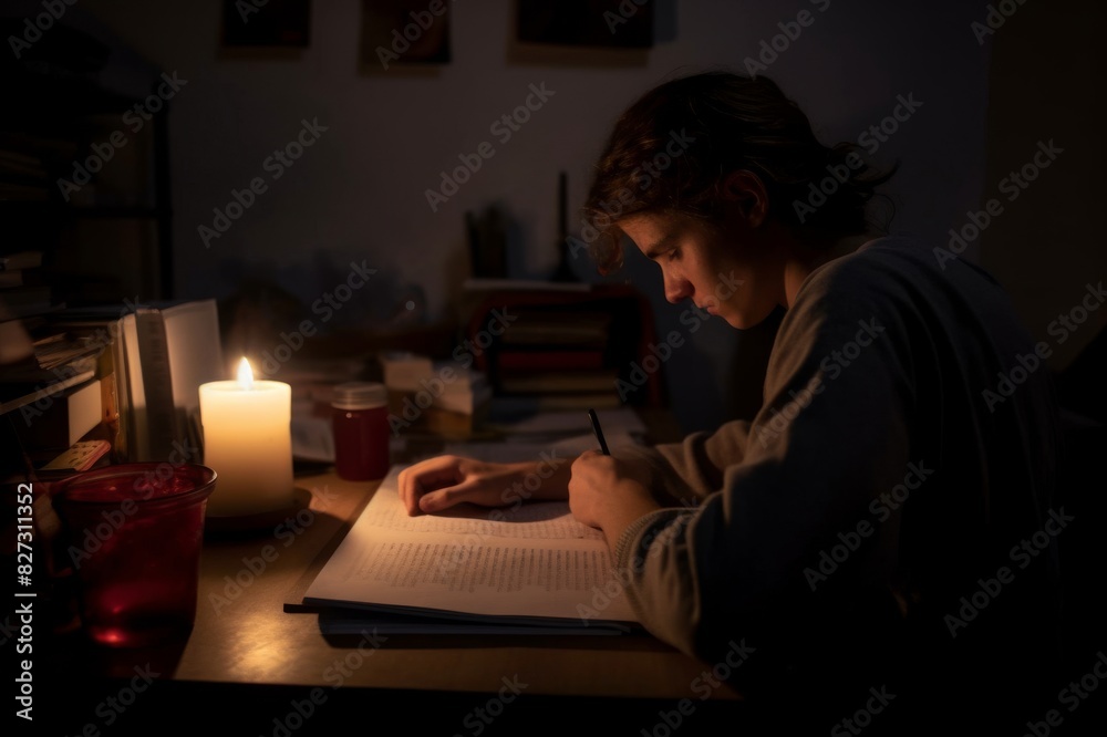 teenager doing homework at a desk by candlelight during an electrical power cut