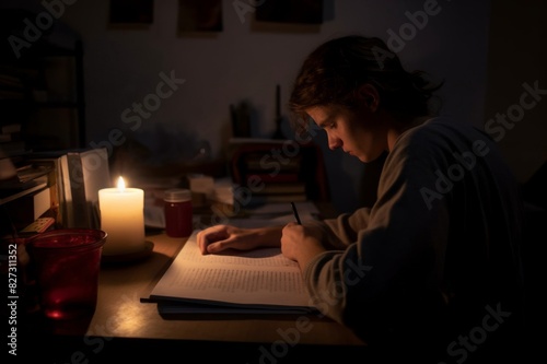 teenager doing homework at a desk by candlelight during an electrical power cut