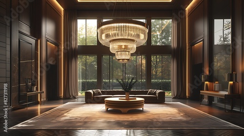 Salon showcasing a large, statement chandelier or pendant light, realistic interior design photo