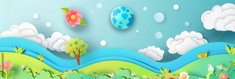 World environment day banner template design with flower, tree and earth in the sky with clouds representing the environmental protection concept. World environmental protection campaign poster World environment day banner template design with flower, tree and earth in the sky with clouds representing the environmental protection concept. World environmental protection campaign poster