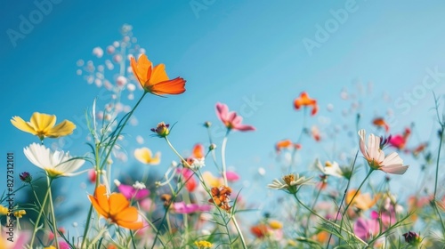 Field of vibrant, blooming flowers swaying in the breeze. Clear blue sky. © Sardar