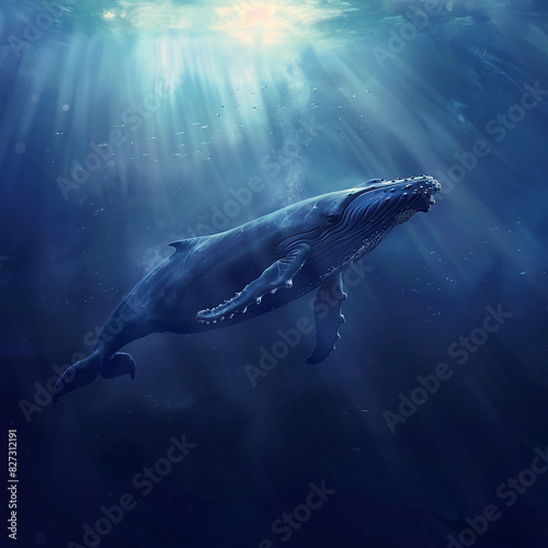 Whale swimming in the blue sea. Underwater scene  Humpback whale underwater in the Caribbean