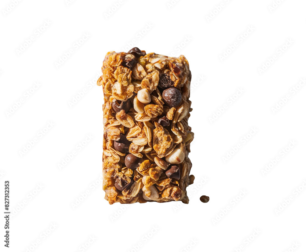Obraz premium Healthy granola cereal bars with oats, nuts, and chocolate of stacked almond granola bars with loose almonds on transparent background Ai generative.
