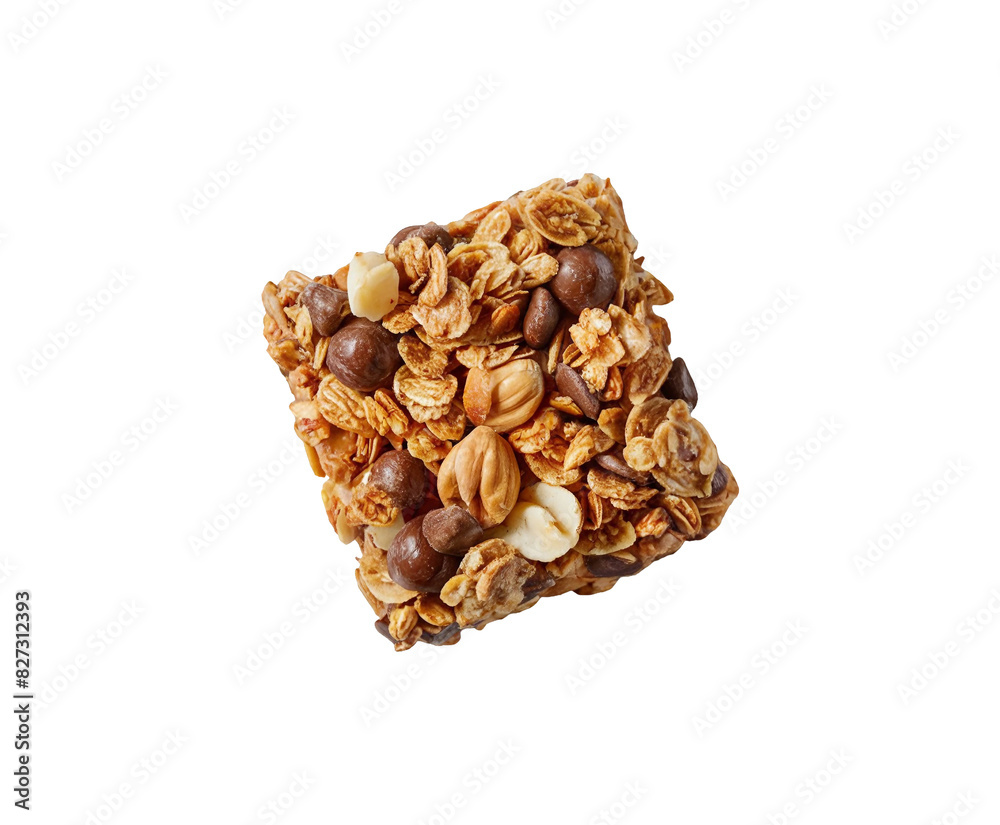 Obraz premium Healthy granola cereal bars with oats, nuts, and chocolate of stacked almond granola bars with loose almonds on transparent background Ai generative.
