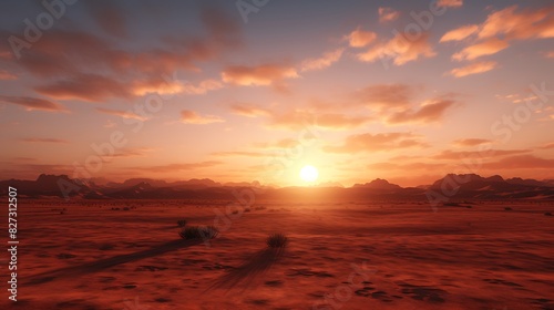 a desert landscape with mountains and a sunset