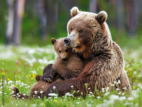 Mother bear snuggles her precious cubs, showcasing tender love and care in the wild.