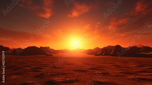 a desert landscape with mountains and a sunset