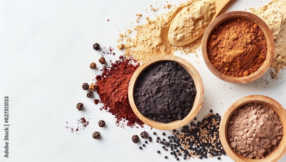 Assorted Superfood Powders Collection on White Background with Copy Space Assorted Superfood Powders Collection on White Background with Copy Space