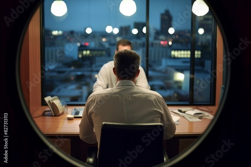 two businessmen having meeting in office, rear view through window photo