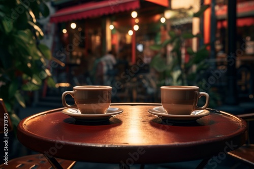 two cups of coffee on a table in a cafe