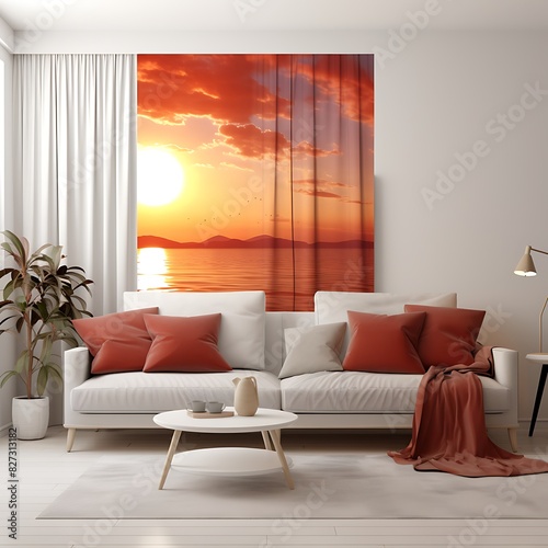modern living room interior with sunset printed curtain and wallpaper idea 