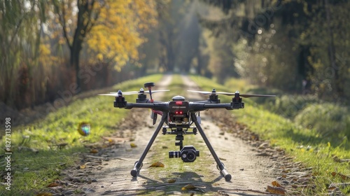 Remote-Controlled Drone Flying Over Muddy Off-Road Track in Forest photo