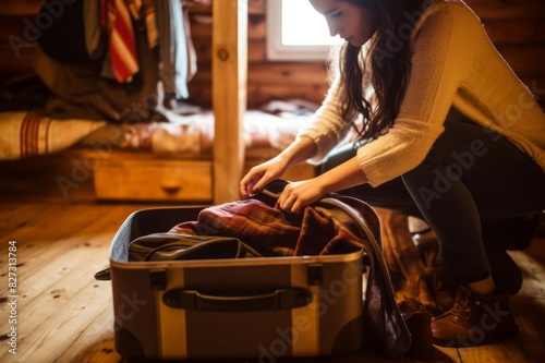 Unrecognizable woman packing luggage in log cabin © alisaaa