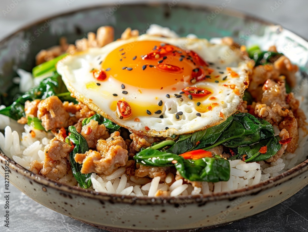 Savory Spicy Pork Spinach Rice Bowl with Sesame Seeds and Fried Egg Savory Spicy Pork Spinach Rice Bowl with Sesame Seeds and Fried Egg