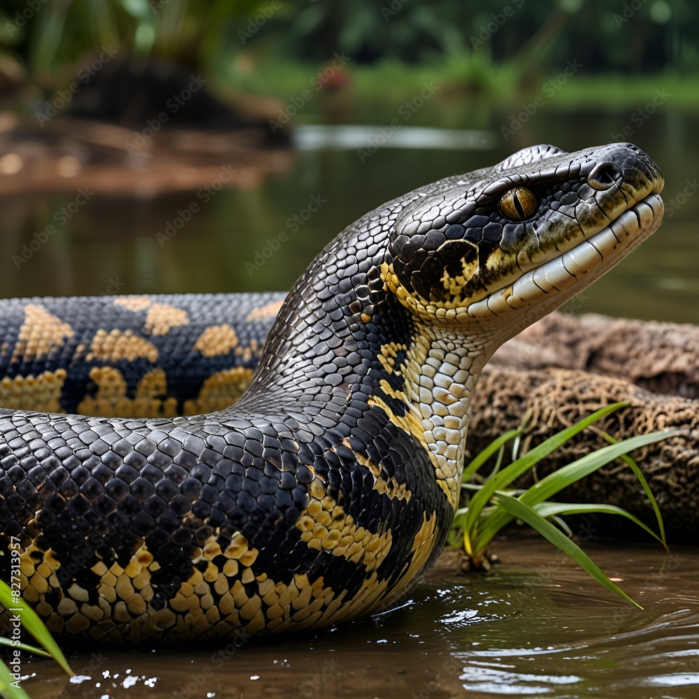 Fototapeta premium snake in the grass , Majestic Anaconda Coiled in the Heart of the Amazon Rainforest , Close Encounter with an Anaconda in the Lush Amazon Jungle , Amazon Expedition: Captivating Anaconda Photography