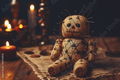 Voodoo doll pierced with pins on table indoors, close-up, Black magic concept