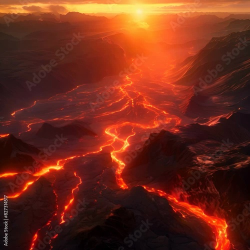 A lava flow from a volcano at sunset, with mountains in the background photo
