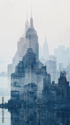 Financial district skyline close up  focus on  copy space Modern buildings  clear sky Double exposure silhouette with cityscape