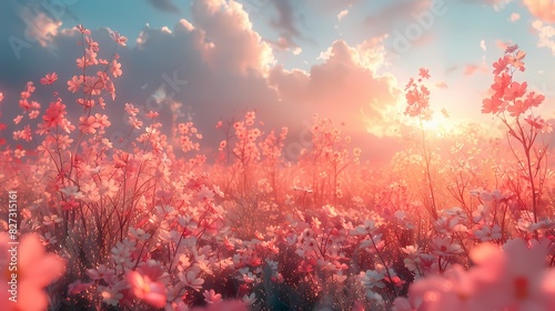 spring morning with the sky in soft fluffy hues of peach and light blue, illuminatingfield of flowers