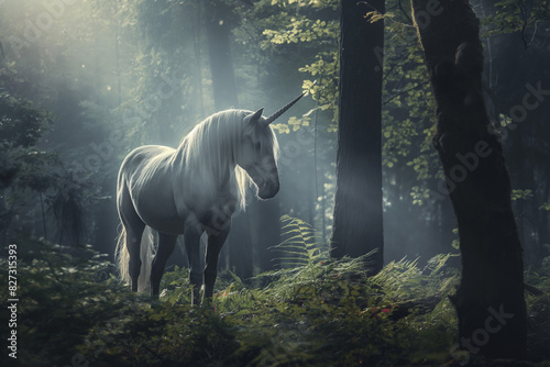 Majestic Unicorn in Mystical Misty Forest Sunbeams © rabbizz77