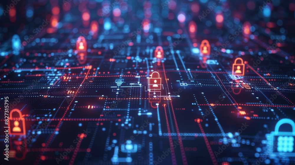Abstract digital art showing a network grid with multiple lock icons ...